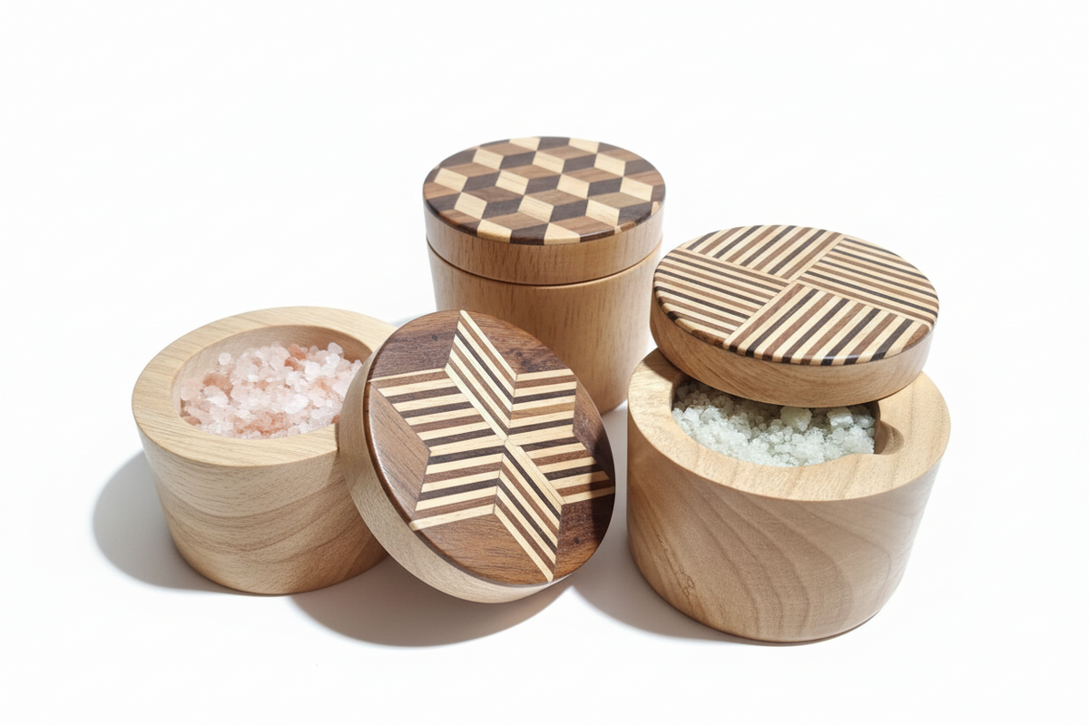 Handmade Wooden Salt Pot — Marquetry Lid