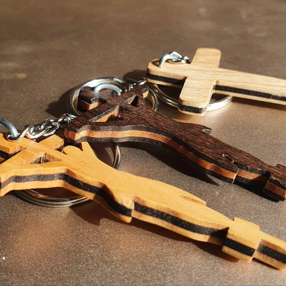 Wooden Cross Keyring — Plain Cross, Crucifix or Jesus — 4 Wood Colours