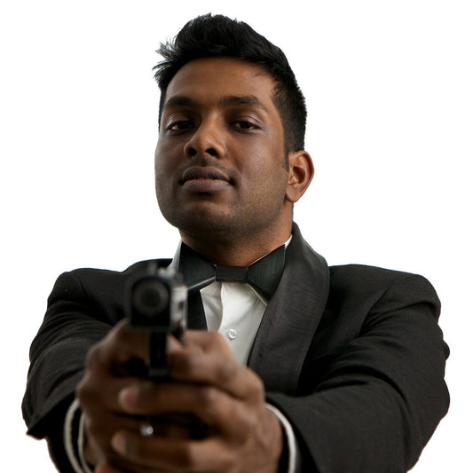 Man wearing Flexible Black Wooden Bow Tie with sui
