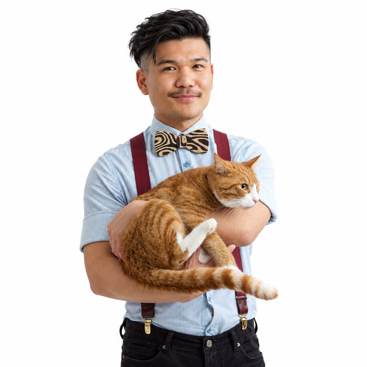 model wearing wood bow tie snow tiger