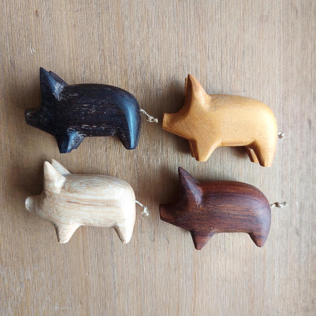 Hand Carved Little Wooden Pig — Red, Yellow, Black or White Wood