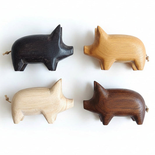 Four wooden pig figurines in different colors on a white background