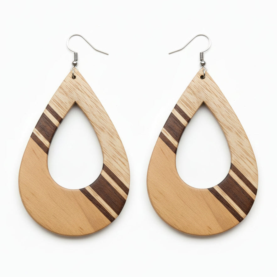 Light Stripe Teardrop wooden earrings