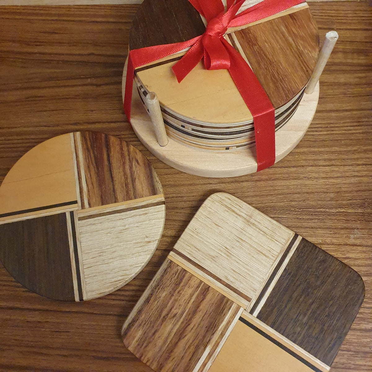 Retro wooden coasters — square and round