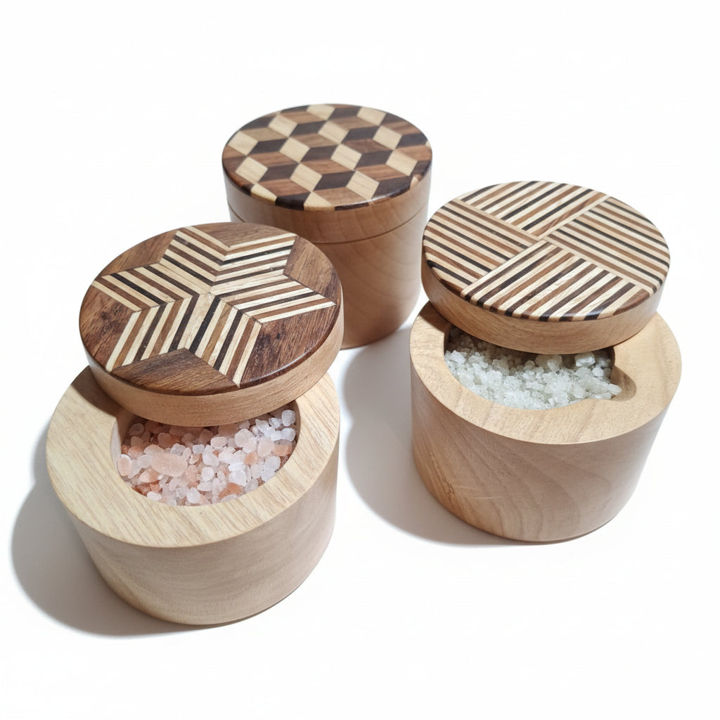 Handmade wooden salt pots with marquetry lids