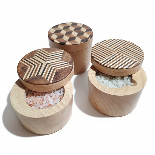 Handmade wooden salt pots with marquetry lids