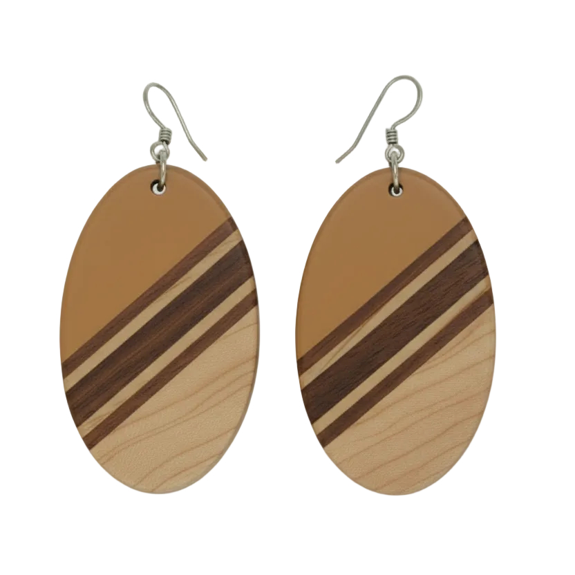 A pair of oval drop earrings made from layered wood strips in light tan, medium brown, and dark brown, hanging from silver fishhook wires on a light gray background.