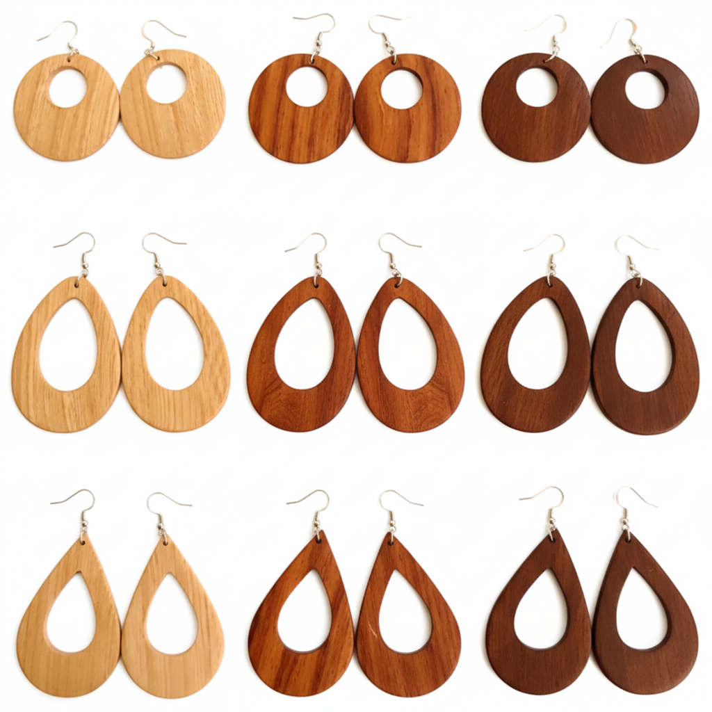 Wooden earrings displayed on a tiled wall.