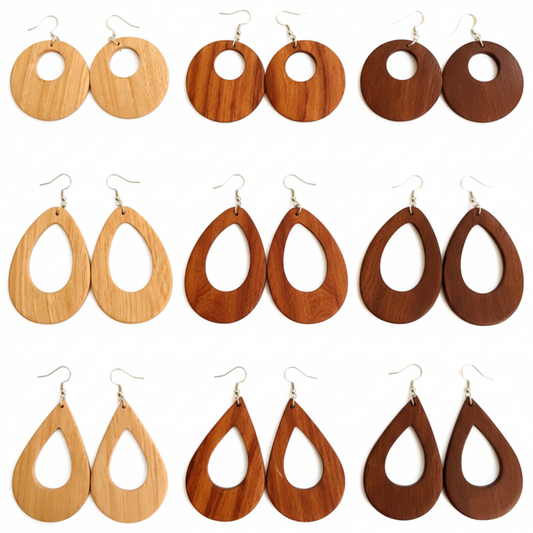 Wooden earrings displayed on a tiled wall.