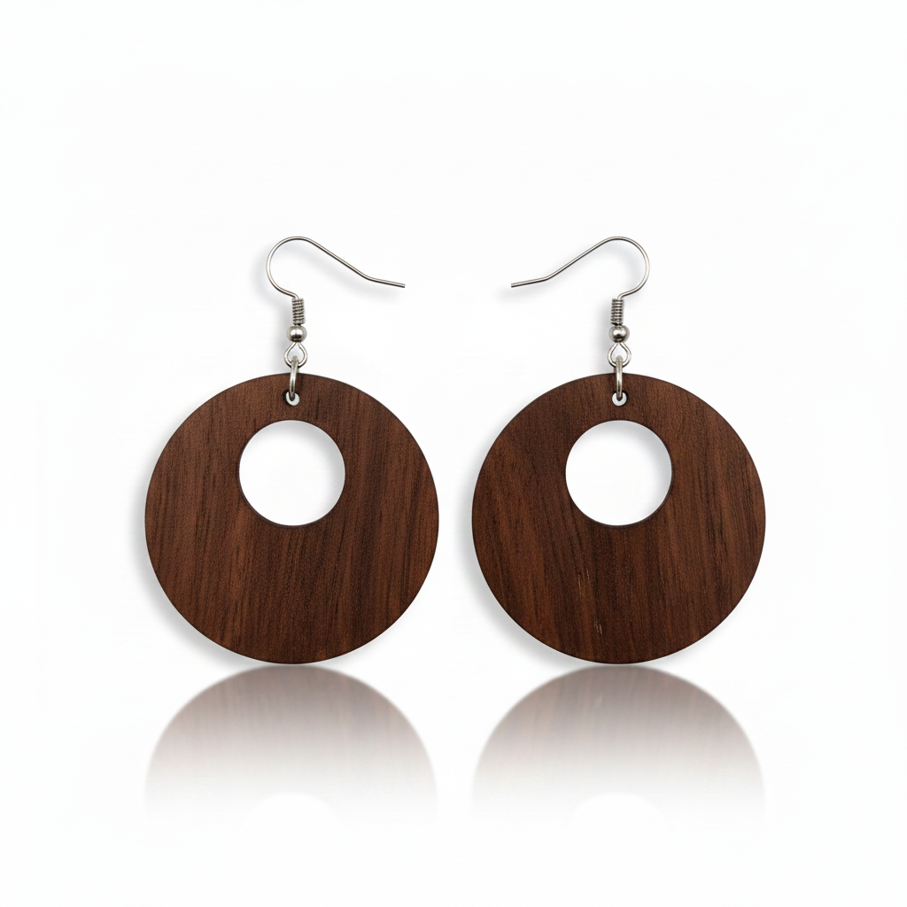 Wooden earrings with circular design on a white background