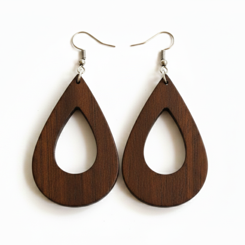 Wooden teardrop earrings on a white background
