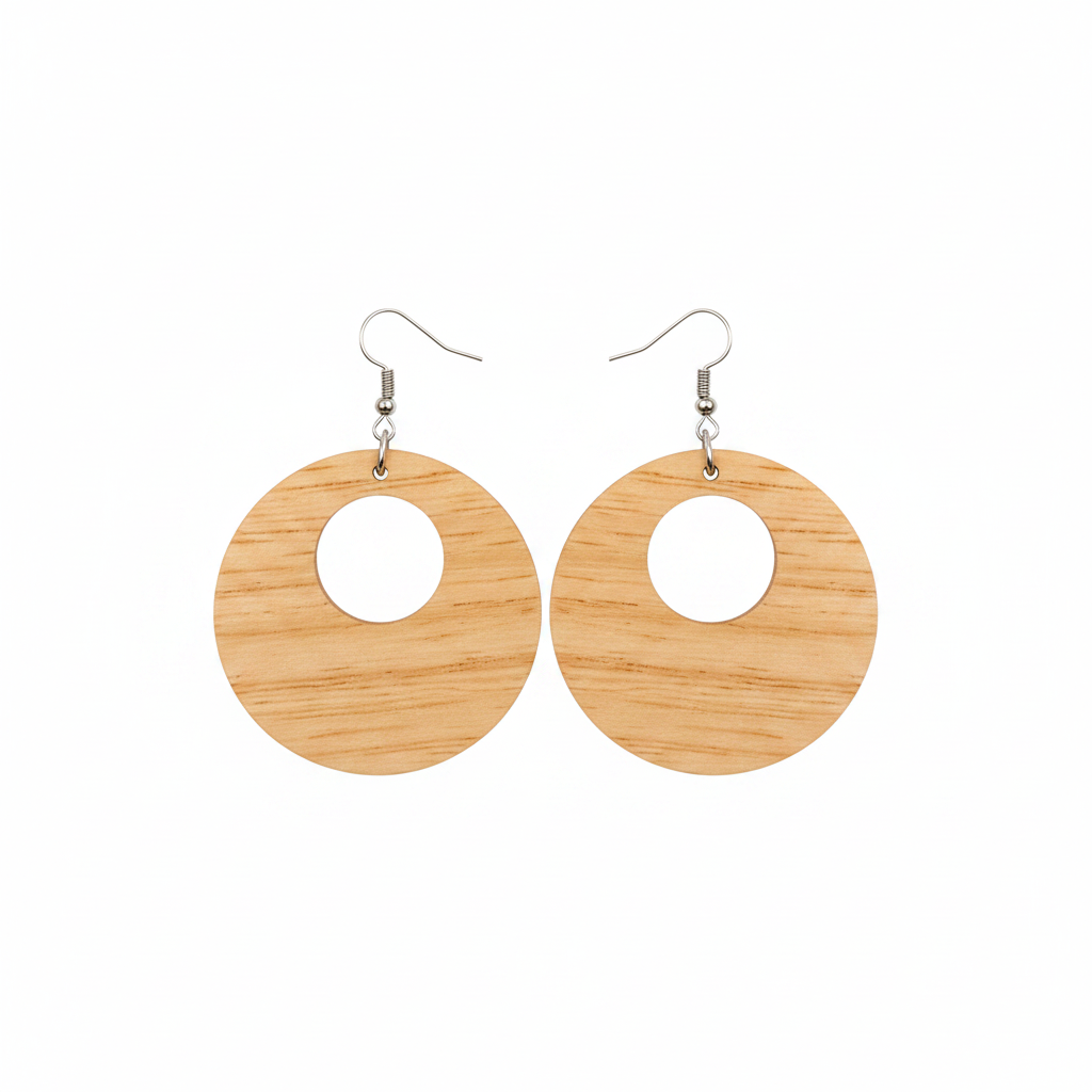 Wooden earrings with circular design on a white background