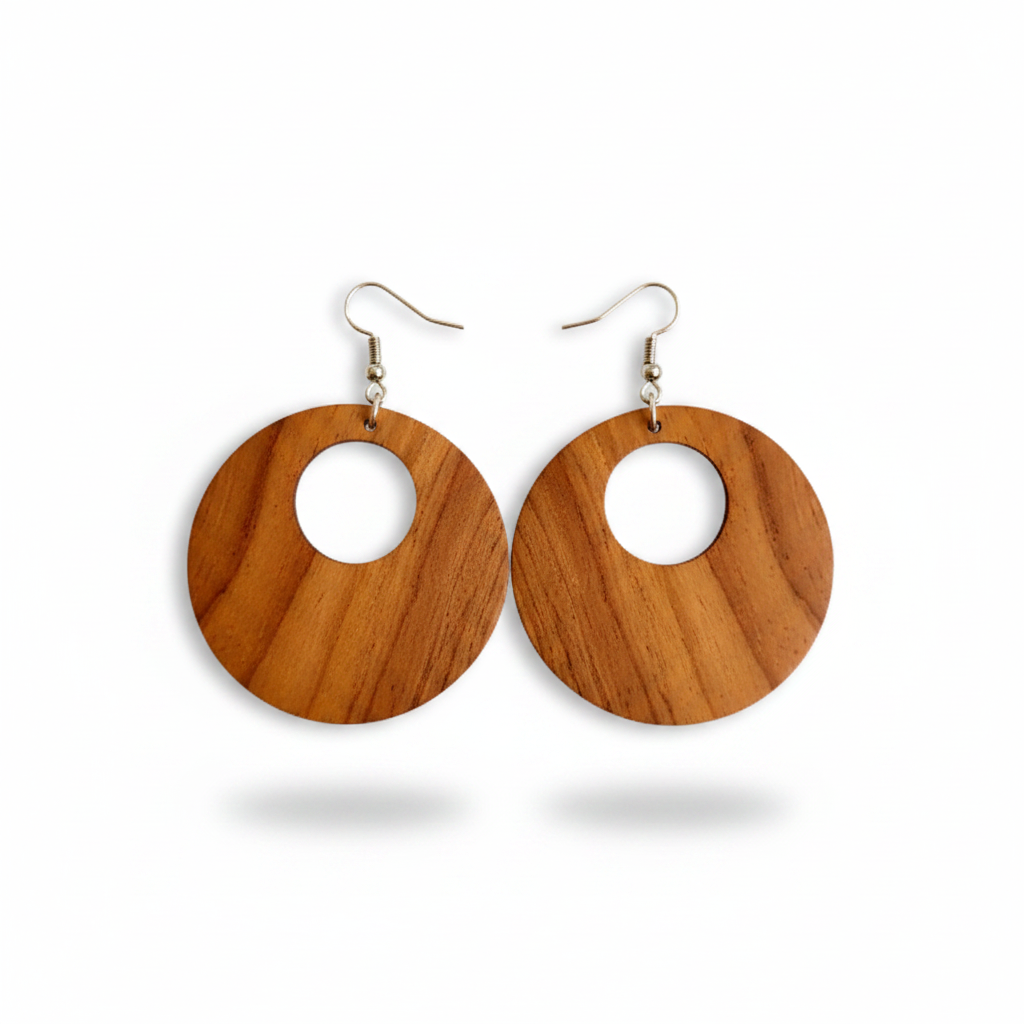 Wooden earrings with circular design on a white background