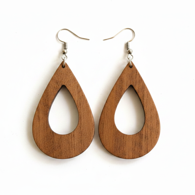 Wooden teardrop earrings on a white background