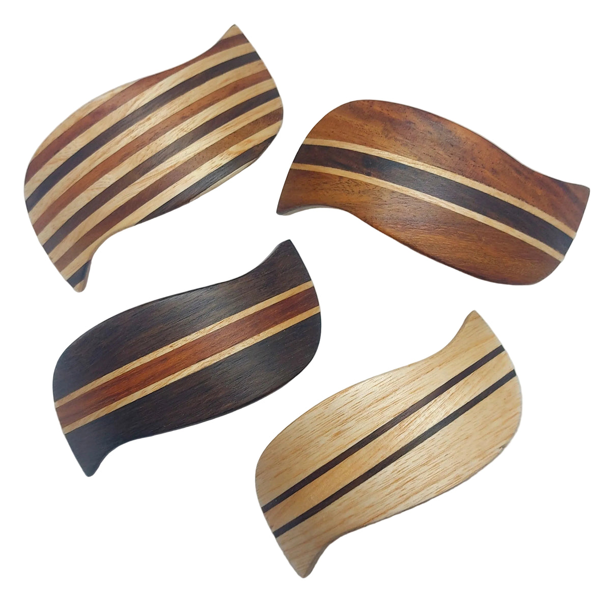 Four curved wooden decorative pieces with striped grain patterns in light, medium, and dark wood tones, arranged on a plain white background.