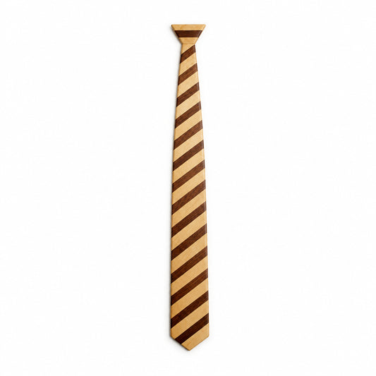 A wooden necktie with alternating diagonal stripes of light tan and dark brown wood, shown vertically on a plain white background.