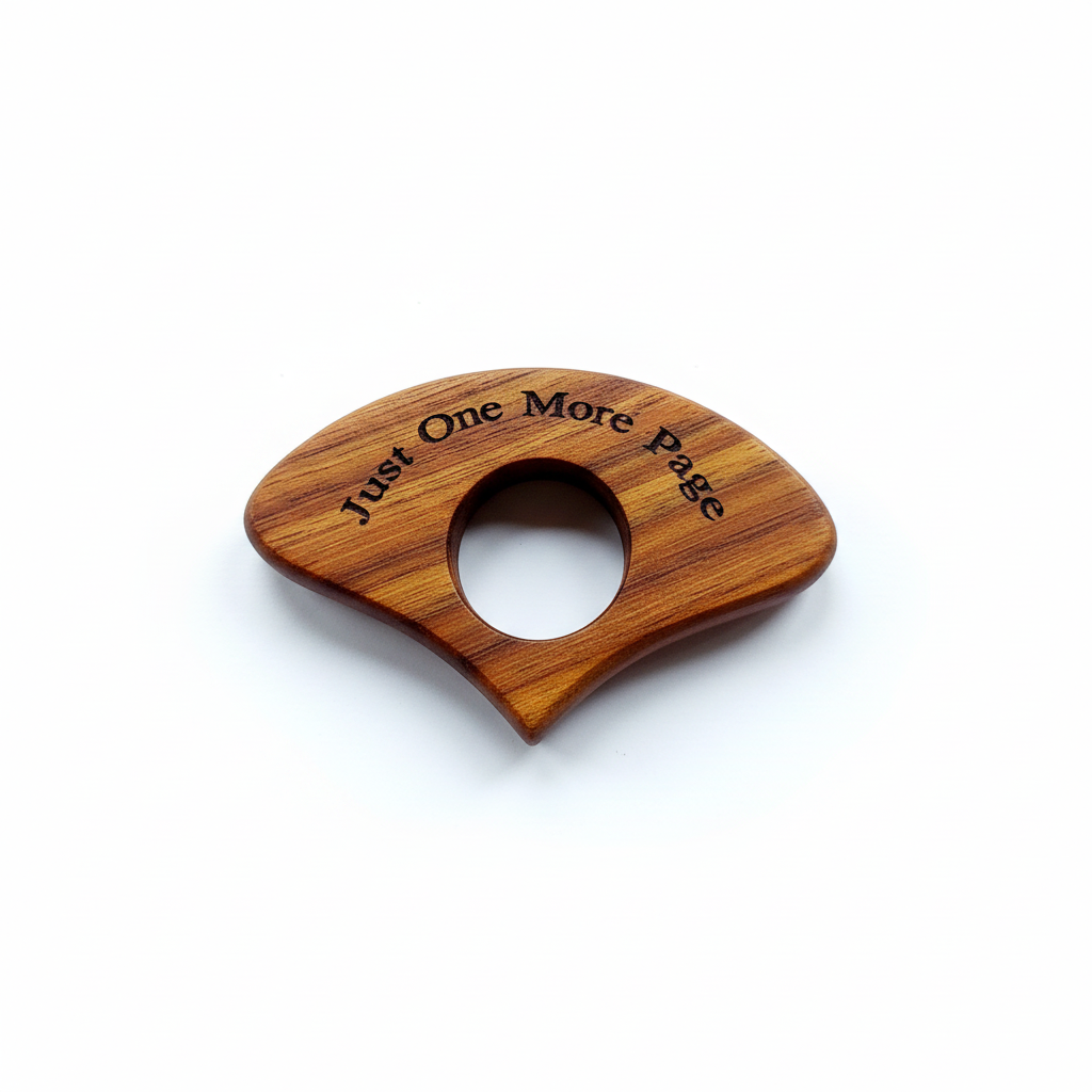 Wooden book page holder engraved Just One More Page on a white background