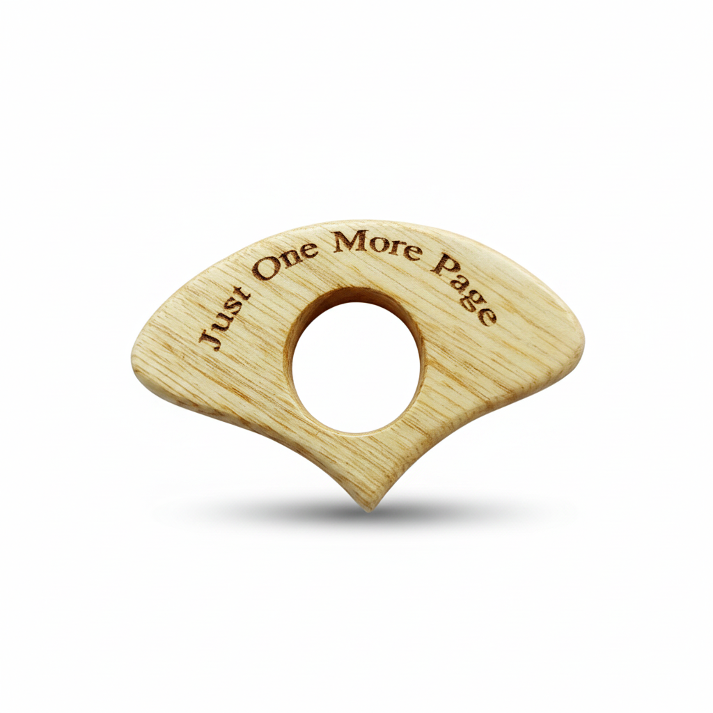 Light wooden book page holder engraved Just One More Page on a white background