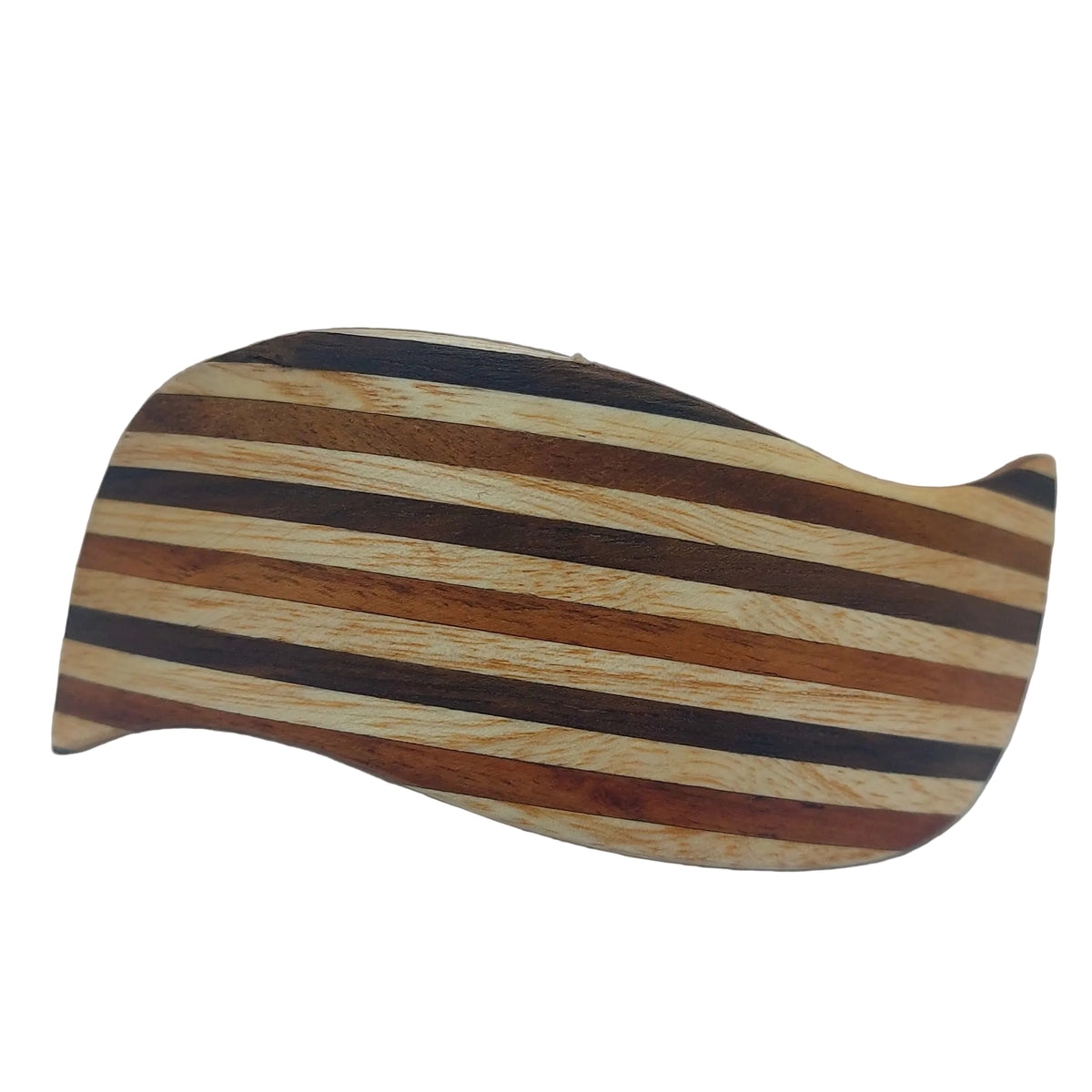 A curved wooden hairclip with alternating light tan and dark brown wood stripes, shown on a plain white background.