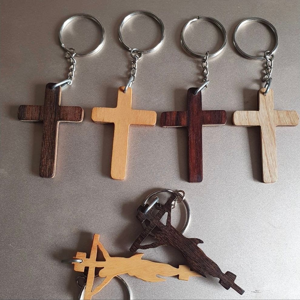 Wooden Cross Keyring — Plain Cross, Crucifix or Jesus — 4 Wood Colours