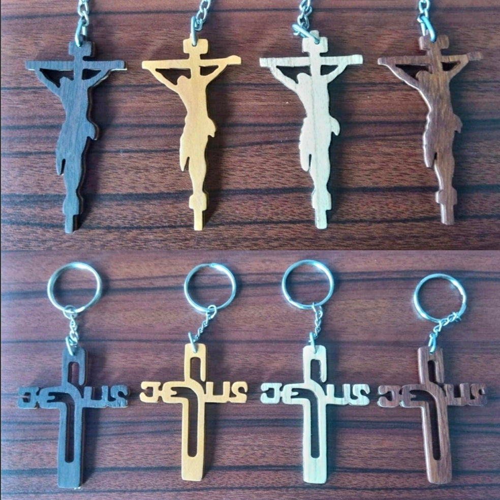 Wooden Cross Keyring — Plain Cross, Crucifix or Jesus — 4 Wood Colours