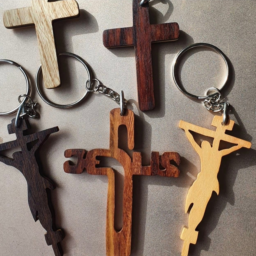 Wooden Cross Keyring — Plain Cross, Crucifix or Jesus — 4 Wood Colours