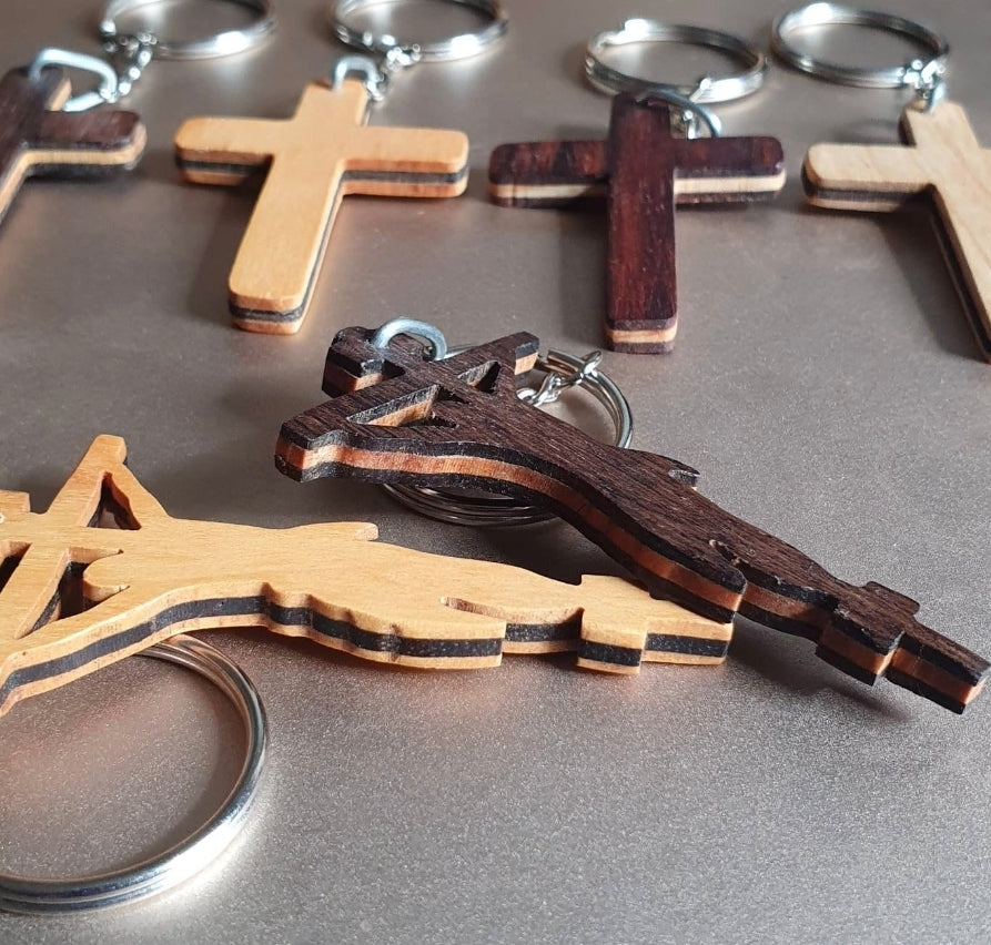 Wooden Cross Keyring — Plain Cross, Crucifix or Jesus — 4 Wood Colours