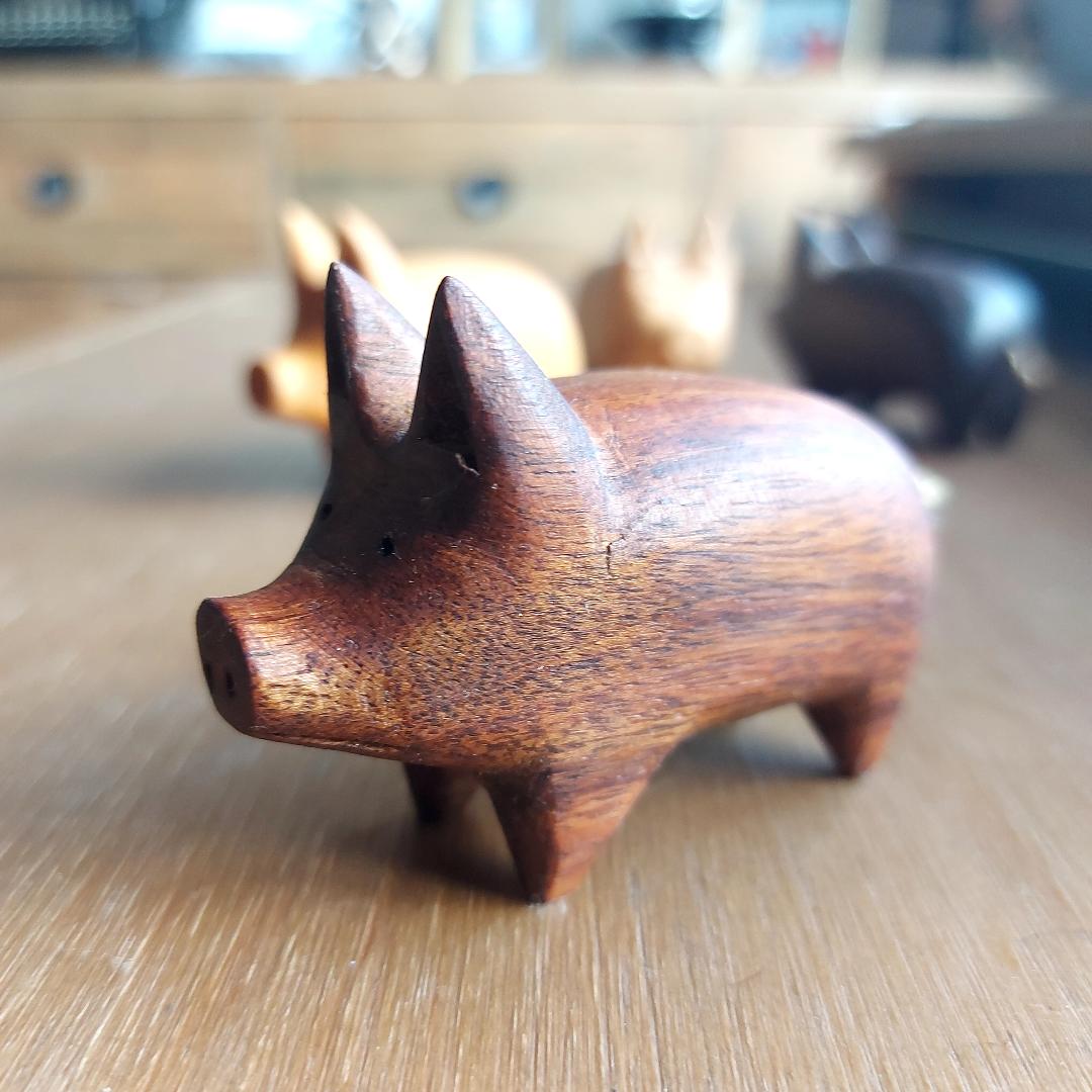 Hand Carved Little Wooden Pig — Red, Yellow, Black or White Wood