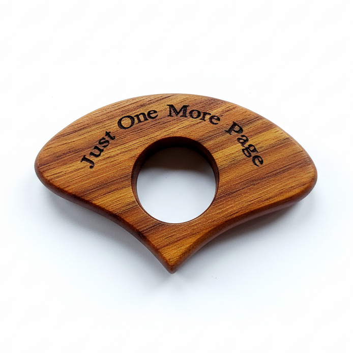 Wooden book page holder engraved Just One More Page on a white background