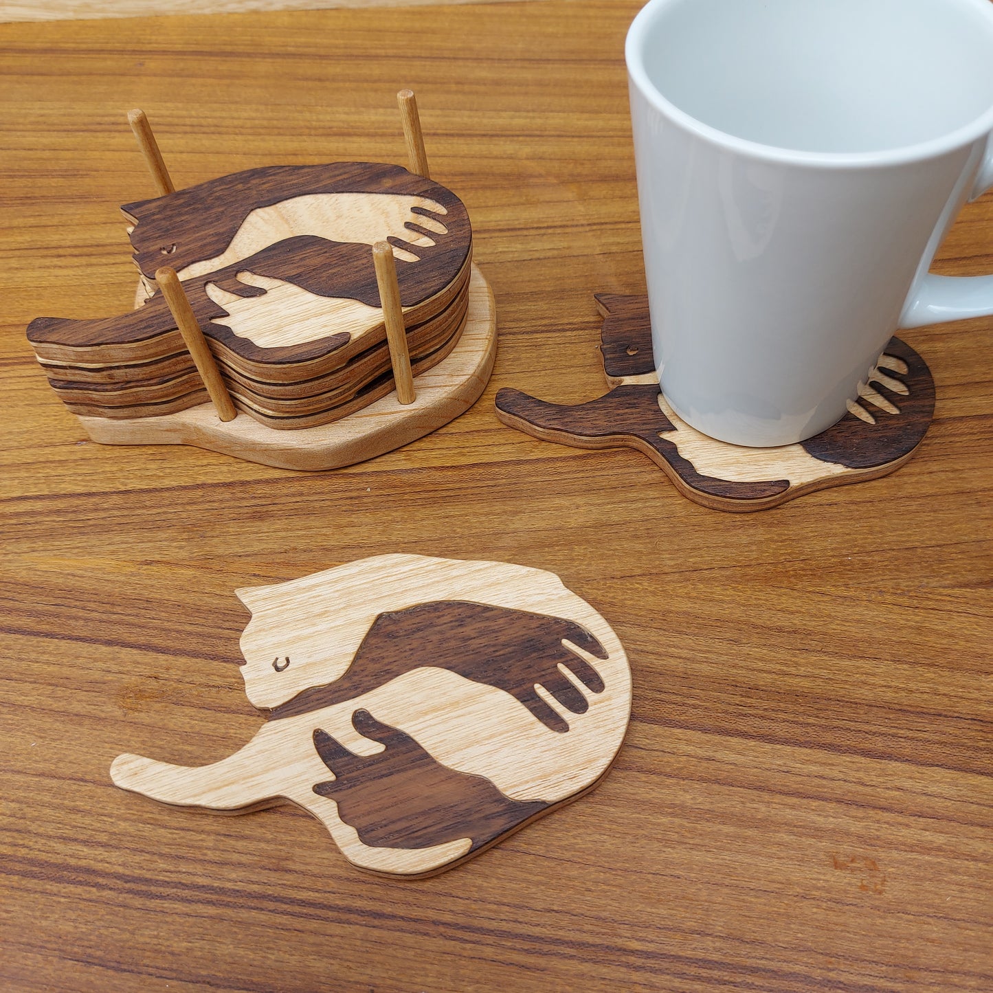 Wooden Cat Coasters — Pair or Set of 6
