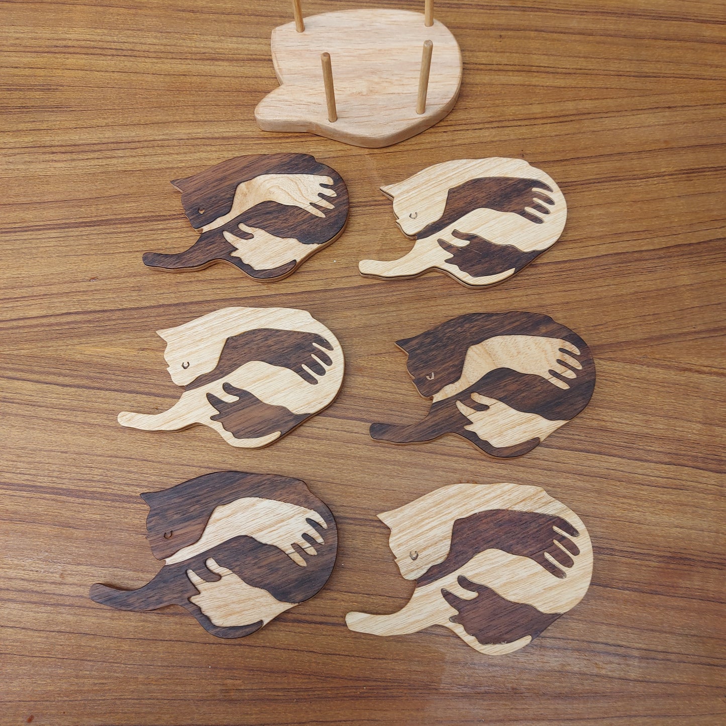 Wooden Cat Coasters — Pair or Set of 6
