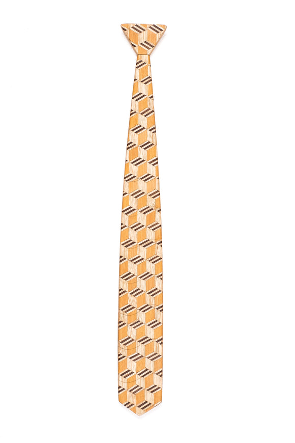 Classic Escher 3D Cube Stripe Light Wooden Tie