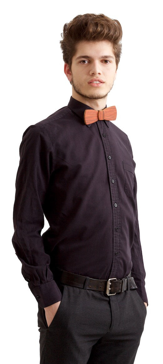 model wearing wood bow tie shepherds delight