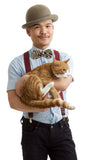 model wearing wood bow tie snow tiger