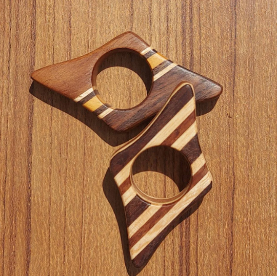 two wooden page holders with multi wood stripes