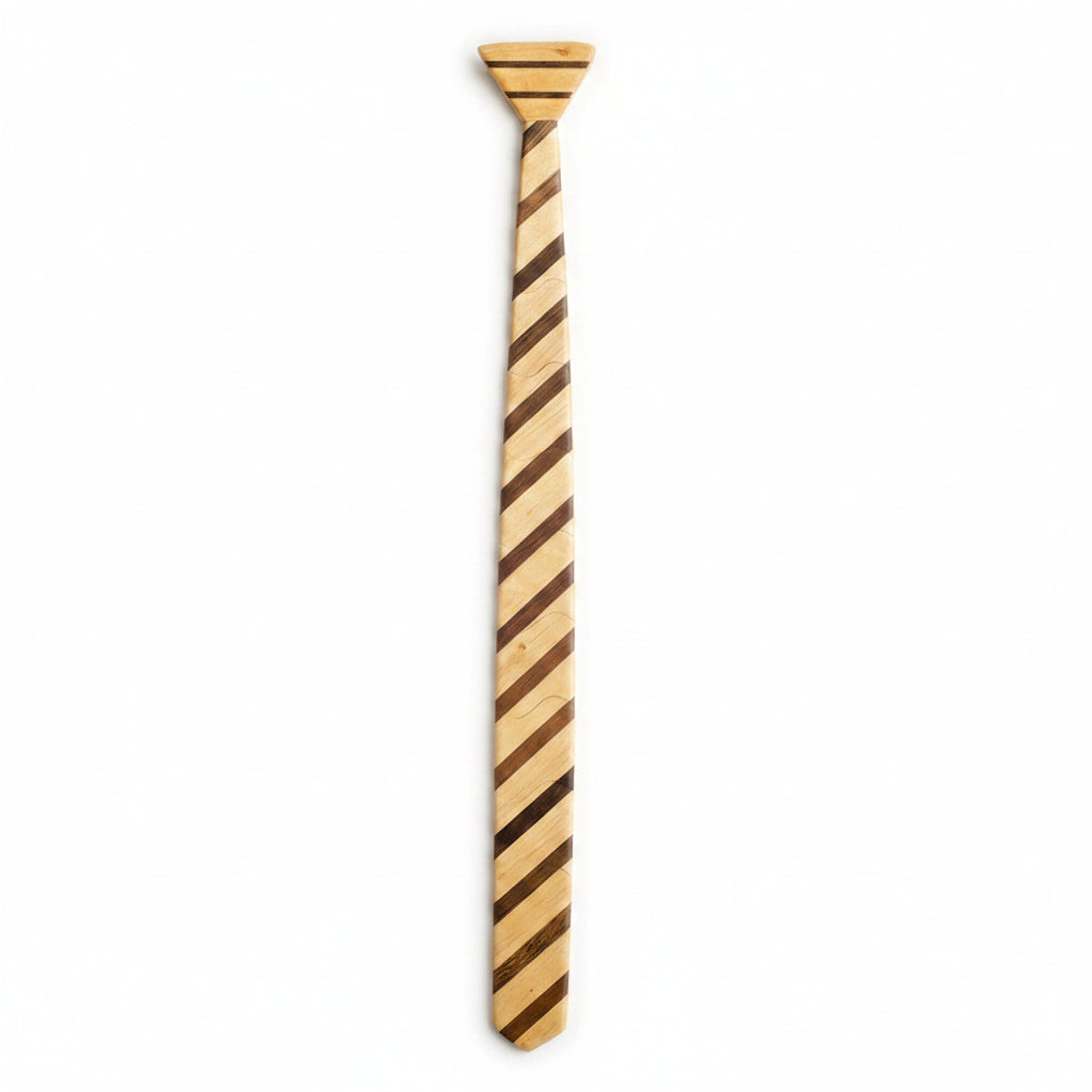 A skinny, diagonal wooden tie with a striped pattern, displayed against a white background.