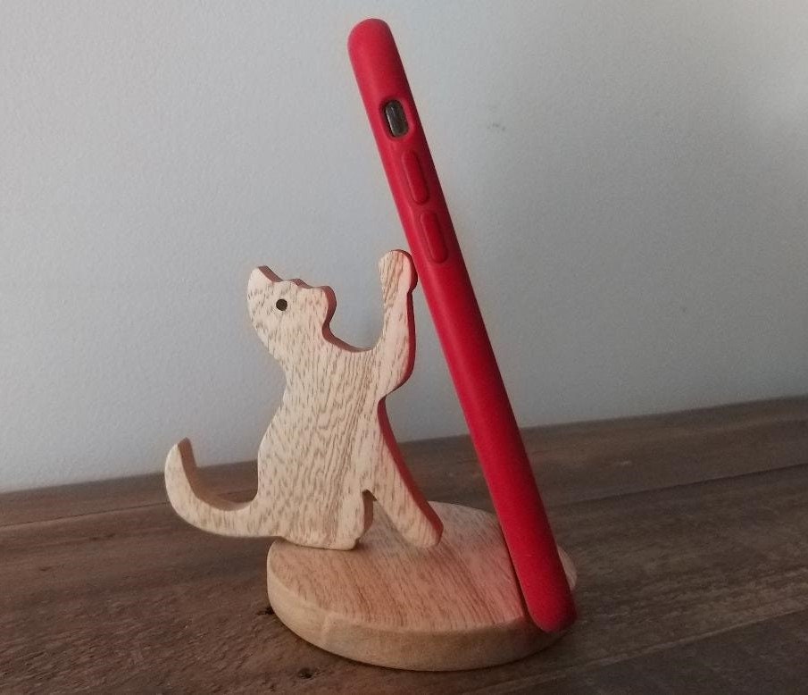 Wooden Cat Phone Holder