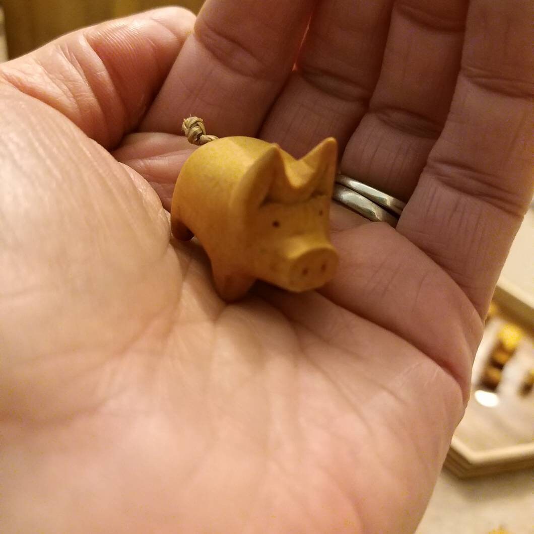 Hand Carved Little Wooden Pig — Red, Yellow, Black or White Wood