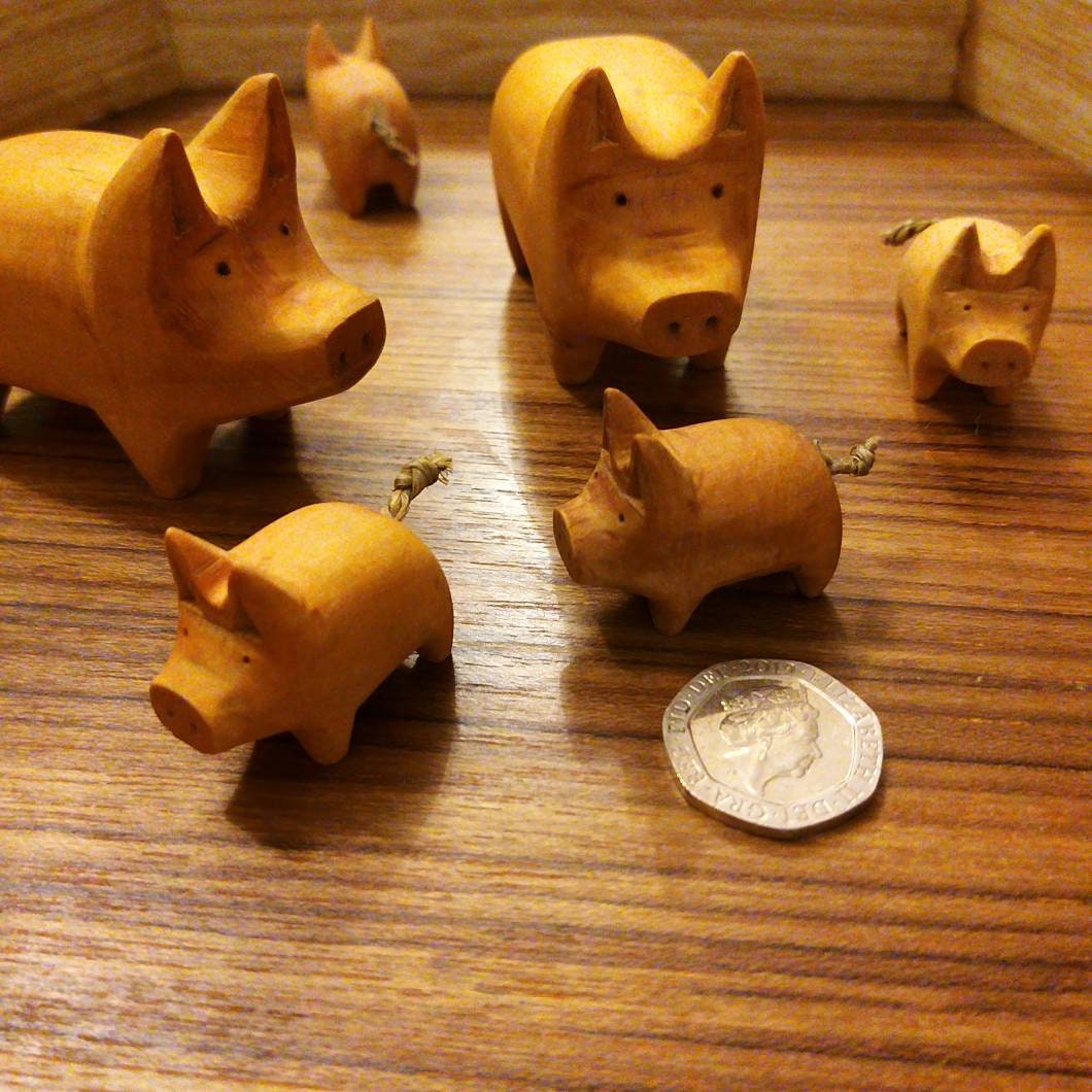 Hand Carved Little Wooden Pig — Red, Yellow, Black or White Wood