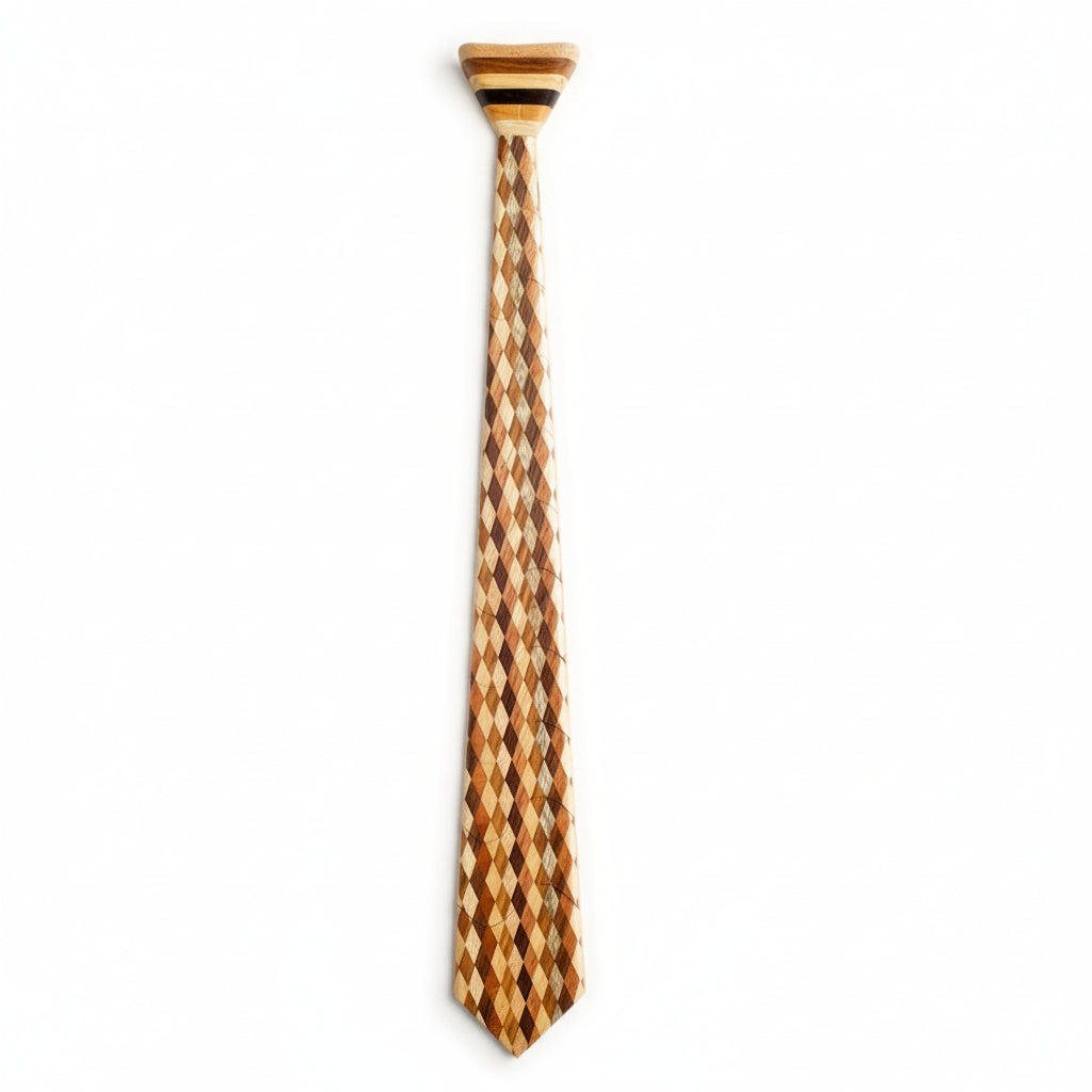 Wooden tie with a checkered pattern on a white background