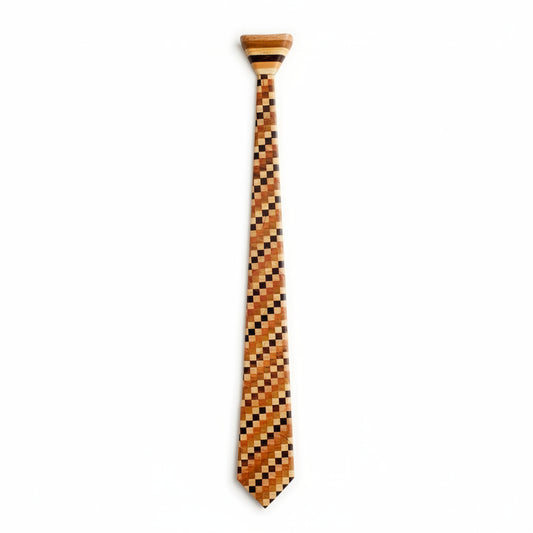 A chequered patterned necktie made from wood