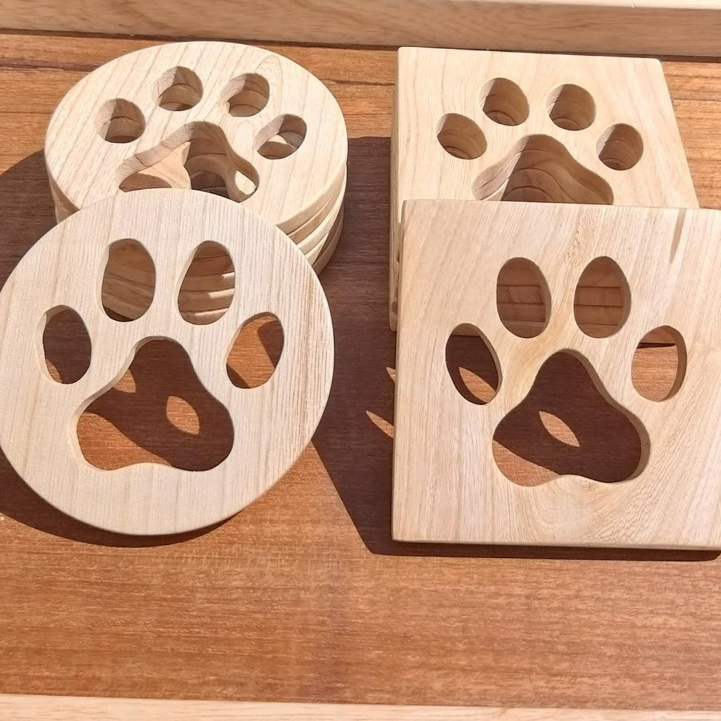 Wooden Paw Print Coasters — Dog Paw & Cat Paw